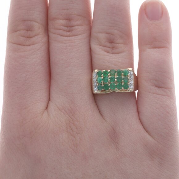 Yellow Gold Emerald & Diamond Cluster Cocktail Ring - 14k Round 1.24ctw - Picture 2 of 6